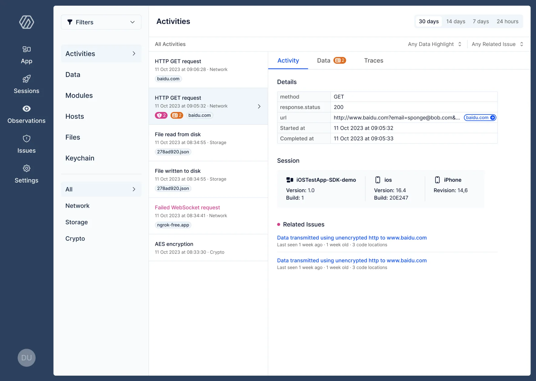 NowSecure Observer dashboard highlighting activities for a session.