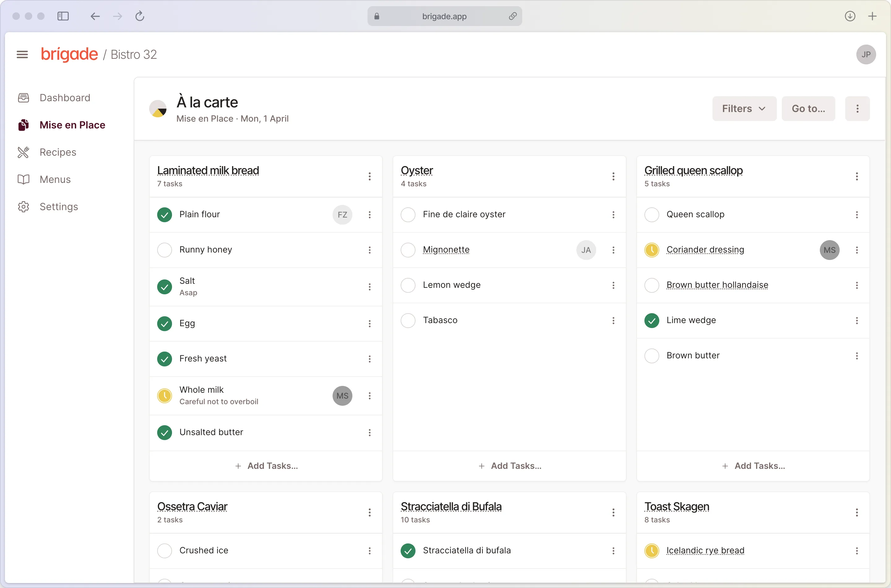 Brigade's mise en place features are key to daily team collaboration